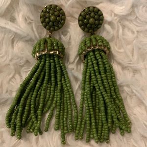 Green seed beaded, drop tassel earrings